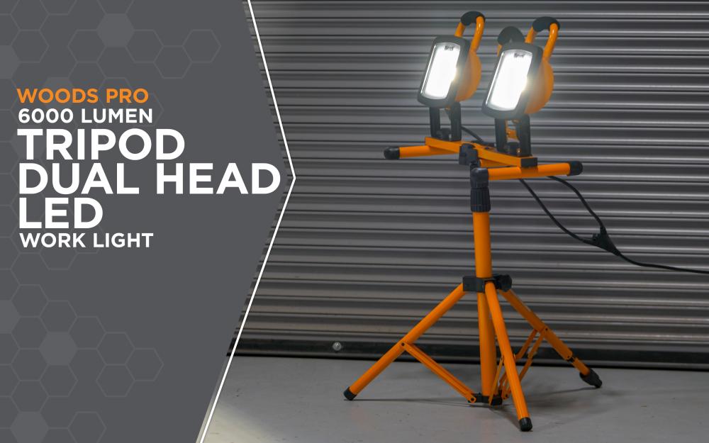 WOODS PORTABLE LED DUAL HEAD WORK LIGHT ON A STEEL TRIPOD 2X 3000LM