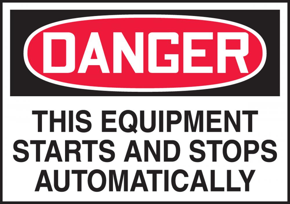 Safety Label, DANGER THIS EQUIPMENT STARTS AND STOPS..., 3 1/2&#34; x 5&#34;, Dura-Vinylâ„¢