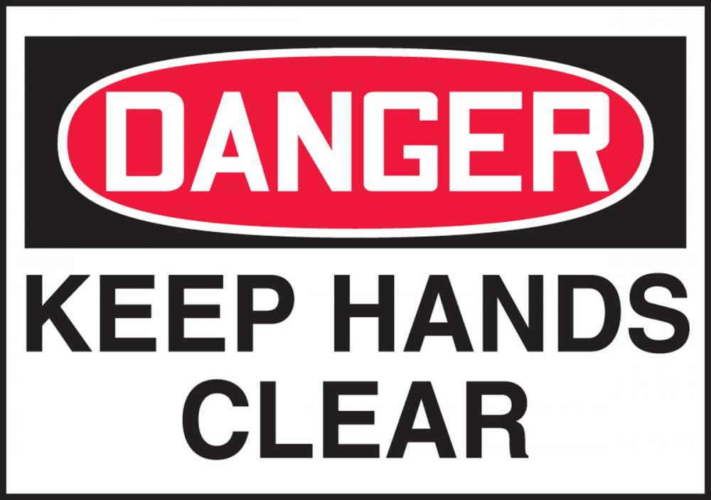 Safety Label, DANGER KEEP HANDS CLEAR, 3 1/2&#34; x 5&#34;, Adhesive Vinyl, 5/pk