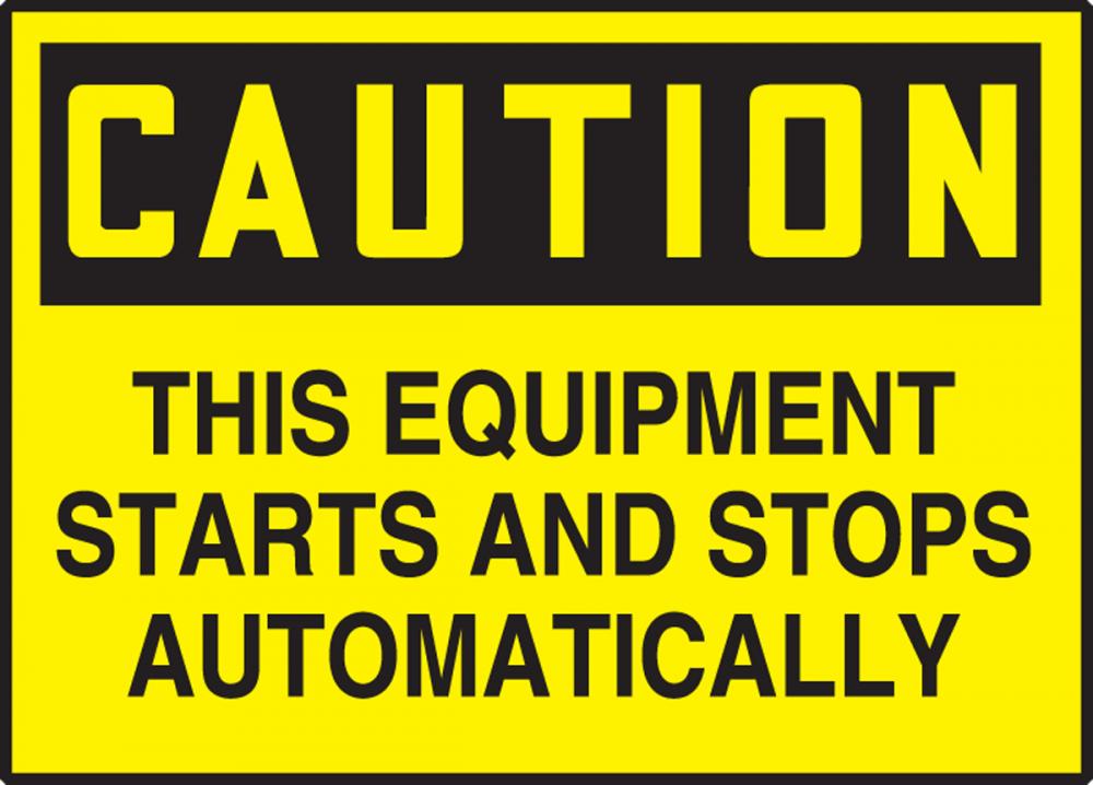 Safety Label, CAUTION THIS EQUIPMENT STARTS AND STOPS..., 3 1/2&#34; x 5&#34;, Dura-Vinylâ„¢