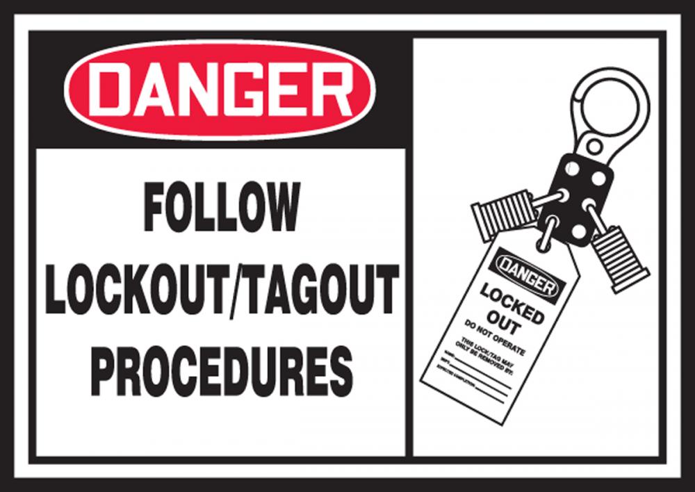 Safety Label, DANGER FOLLOW LOCKOUT/TAGOUT PROCEDURES, 3 1/2&#34; x 5&#34;, Dura-Vinylâ„¢