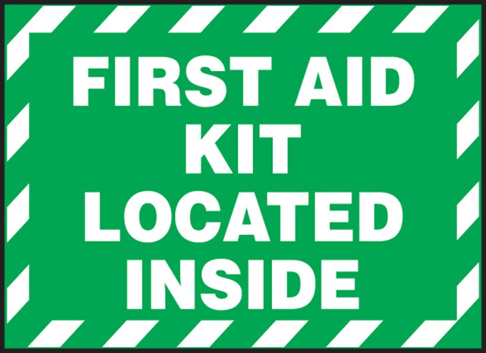 Safety Label, FIRST AID KIT LOCATED INSIDE, 3 1/2" x 5", Adhesive Vinyl, 5/pk