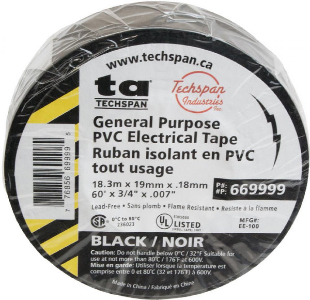 TAPE PVC ELEC BLACK 18.3M(60FT) ROLL