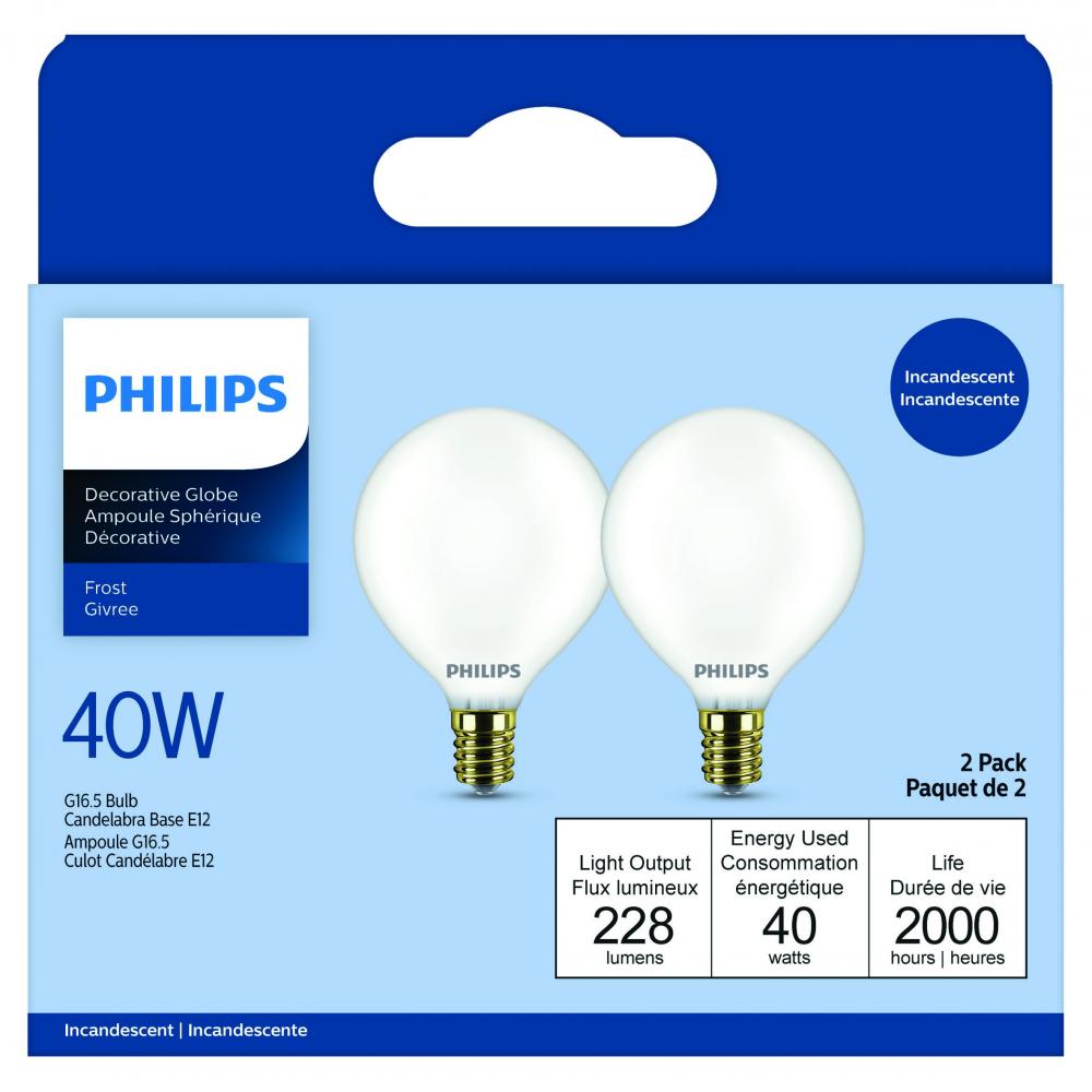 Bulb G16-1/2 Incandescent Deco Vanity 40W White 2Pk