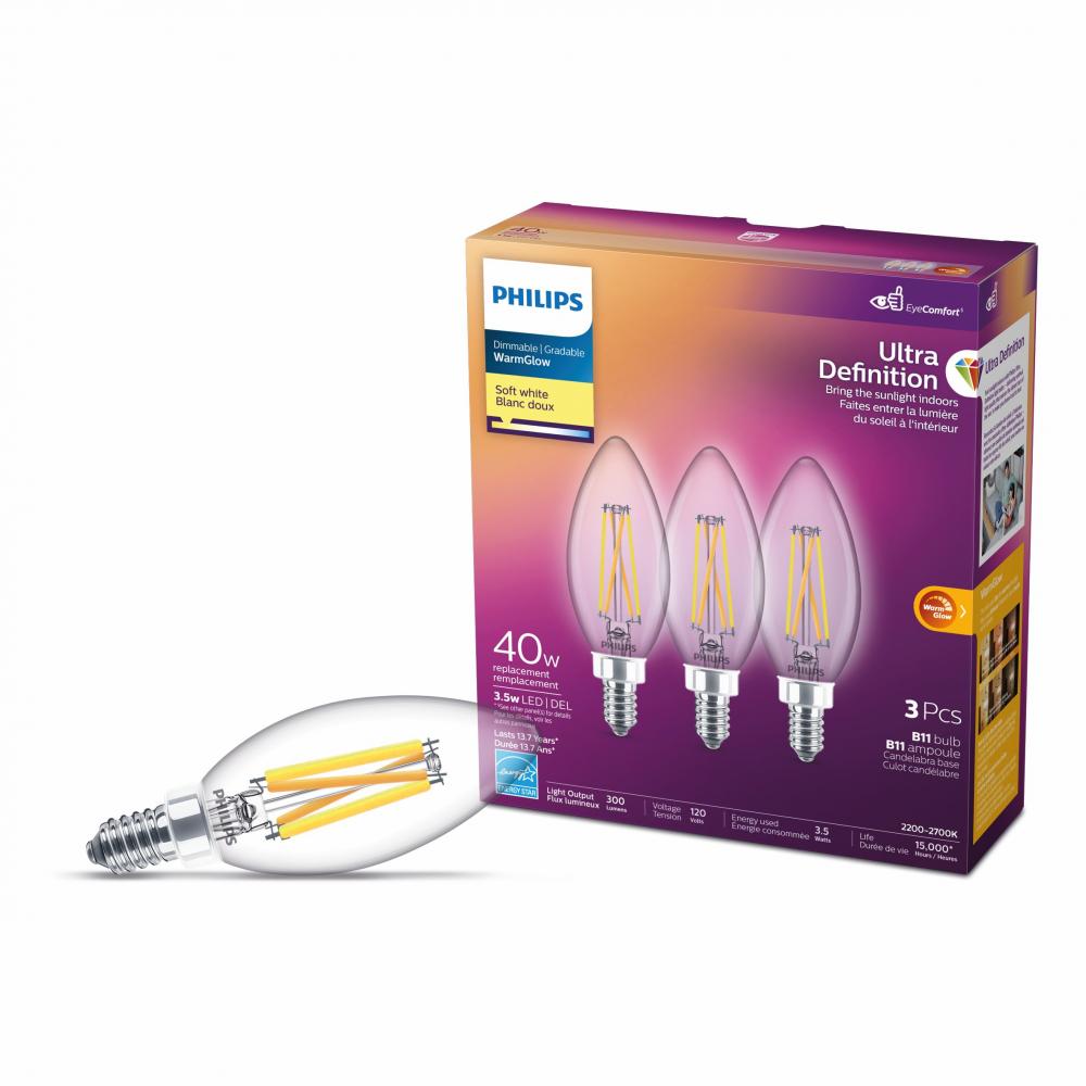 3PK Bulbs B11 Ult. Def. Chandelier LED E12 3.5W=40W S.White