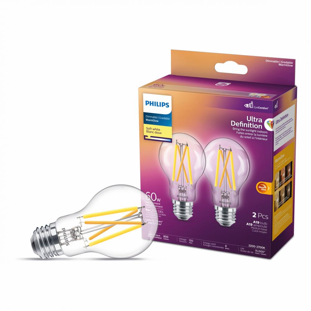 2PK Ultra Definition Clear LED Bulbs A19 60W E26 Soft White Warm Glow Dimmable