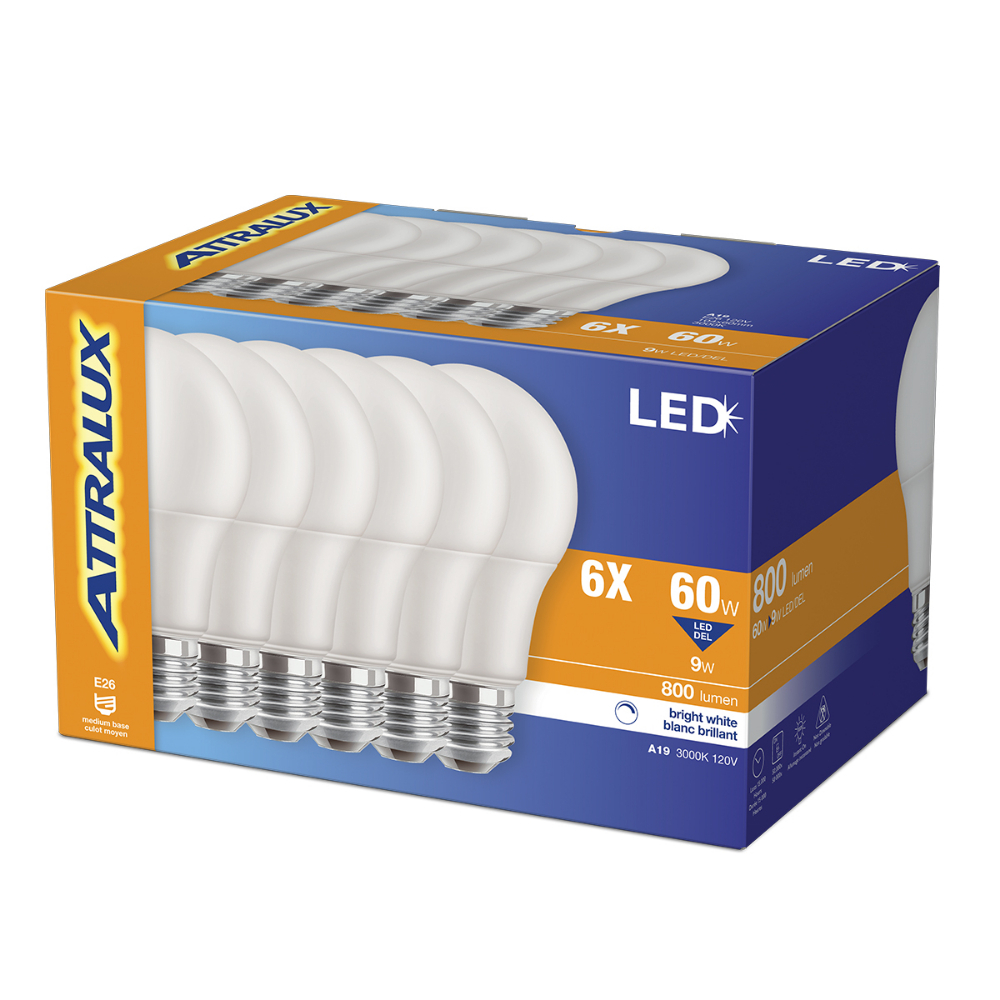 Attralux Bulb A19 LED Non-Dimmable 9W Bright White 6PK