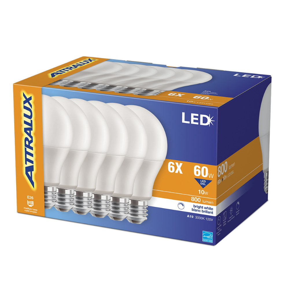 Attralux Bulb A19 LED Dimmable 10W Bright White 6PK