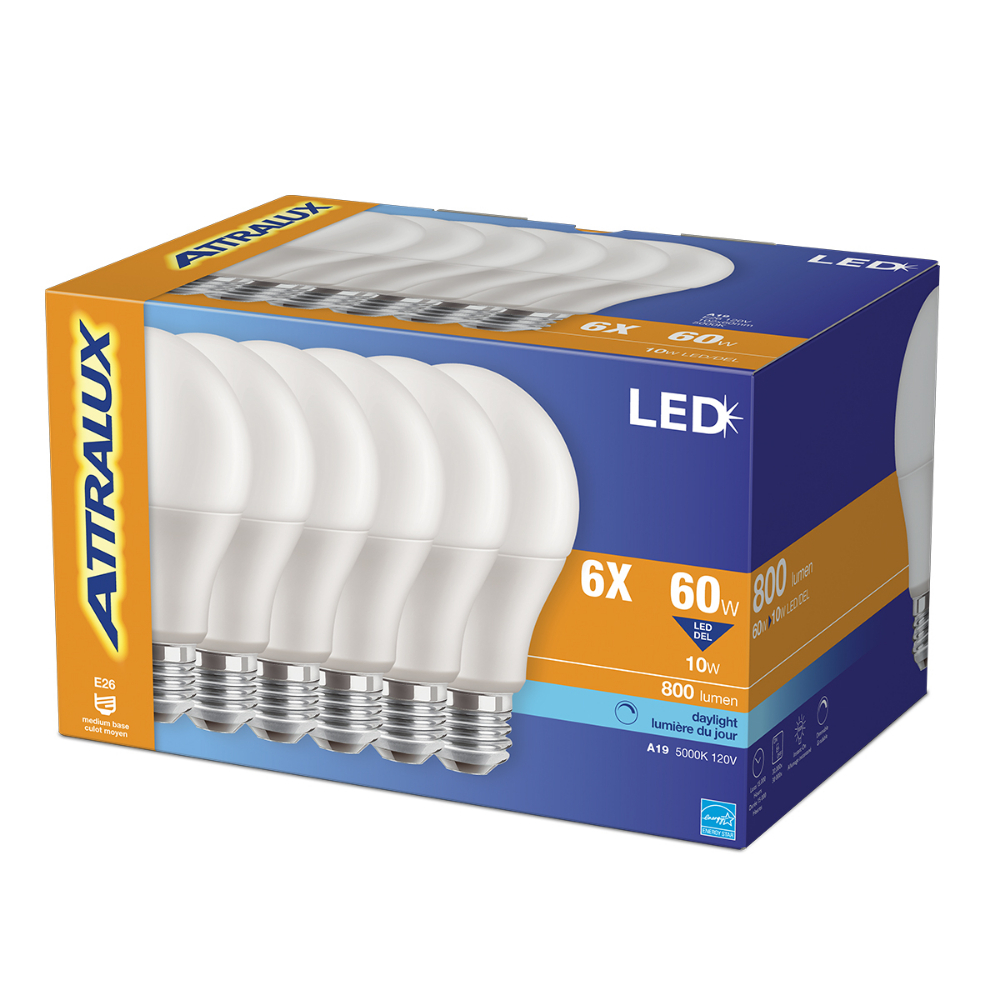 Attralux Bulb A19 LED Dimmable 10W Daylight 6PK