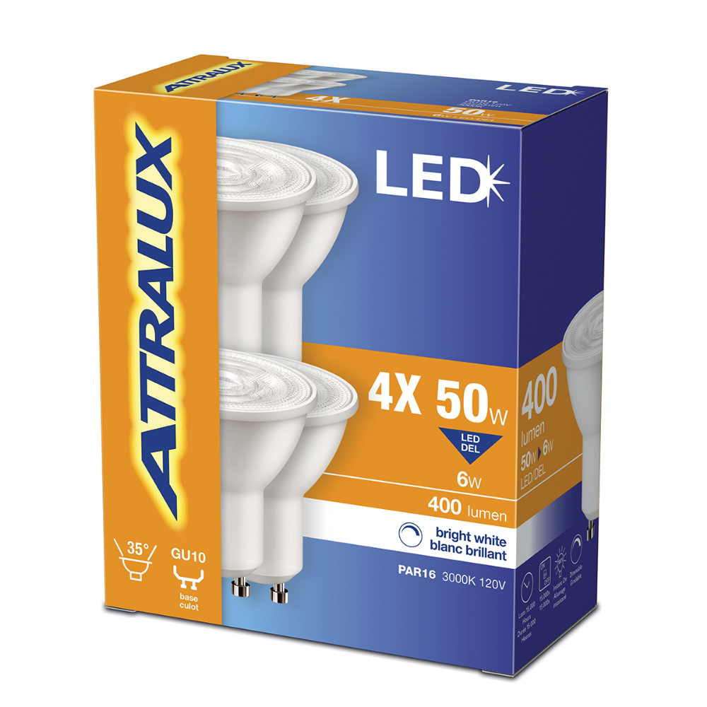 Attralux Bulb PAR16  LED Dimmable GU10 Base 6W Bright White  4PK