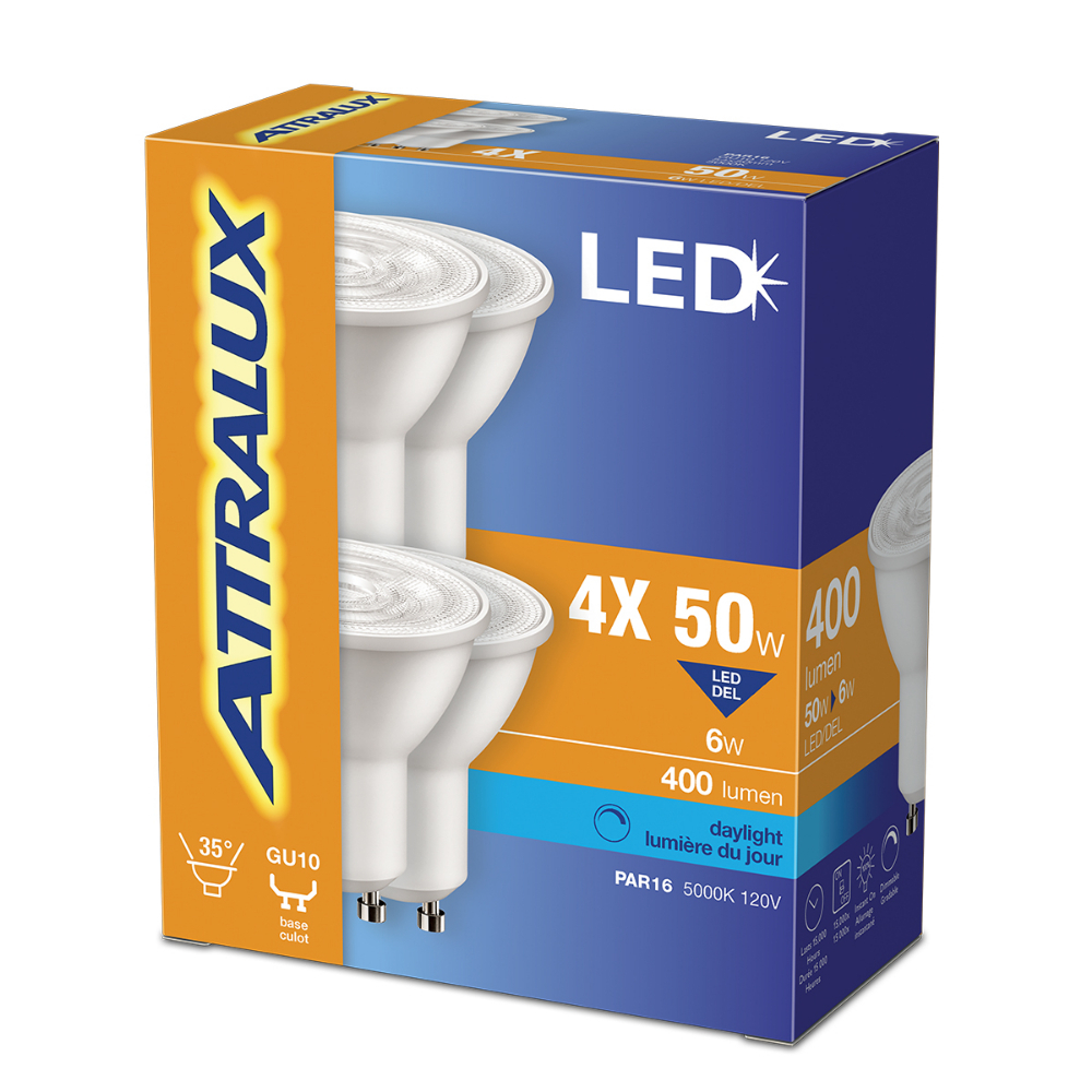 Attralux Bulb PAR16  LED Dimmable GU10 Base 6W Daylight 4PK